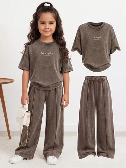 SHEIN Young Girl Letter Print Round Neck Short Sleeve T-Shirt And Long Pants Casual Daily Outfit