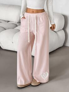 SHEIN PETITE Women's Drawstring Waist Striped Casual Daily Wear Long Pants Lounge Pink And White Striped Autumn,Women's Wide-Leg Pants,Petite Women - Multicolor - View 5
