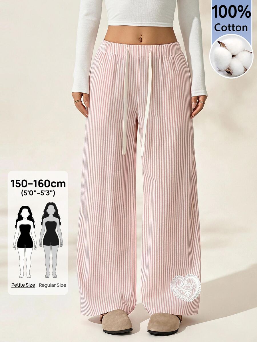 SHEIN PETITE Women's Drawstring Waist Striped Casual Daily Wear Long Pants Lounge Pink And White Striped Autumn,Women's Wide-Leg Pants,Petite Women - Multicolor - View 1