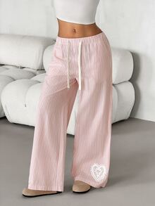 SHEIN PETITE Women's Drawstring Waist Striped Casual Daily Wear Long Pants Lounge Pink And White Striped Autumn,Women's Wide-Leg Pants,Petite Women - Multicolor - View 6