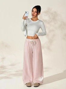 SHEIN PETITE Women's Drawstring Waist Striped Casual Daily Wear Long Pants Lounge Pink And White Striped Autumn,Women's Wide-Leg Pants,Petite Women - Multicolor - View 10