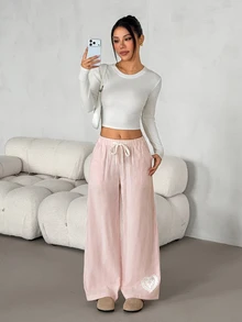 SHEIN PETITE Women's Drawstring Waist Striped Casual Daily Wear Long Pants Lounge Pink And White Striped Autumn,Women's Wide-Leg Pants,Petite Women - Multicolor - View 4