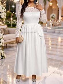 Fleurora Plus Size Women's High Waist Lace Ruffle Dress Fall - White - View 4