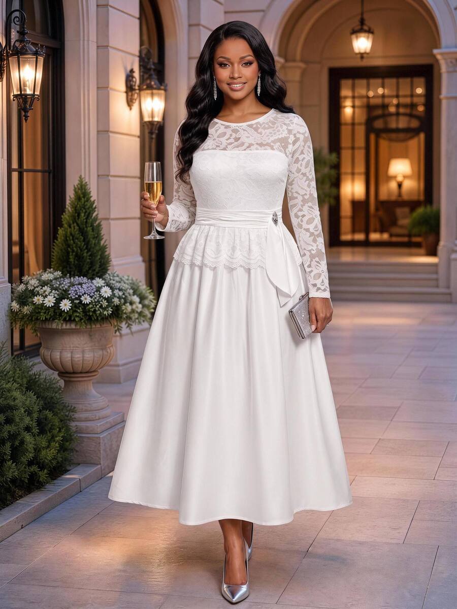 Fleurora Plus Size Women's High Waist Lace Ruffle Dress Fall - White - View 1