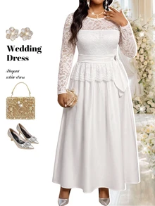 Fleurora Plus Size Women's High Waist Lace Ruffle Dress Fall - White - View 5