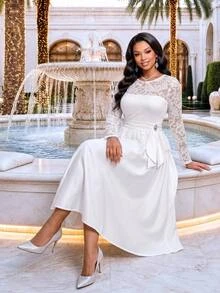 Fleurora Plus Size Women's High Waist Lace Ruffle Dress Fall - White - View 3