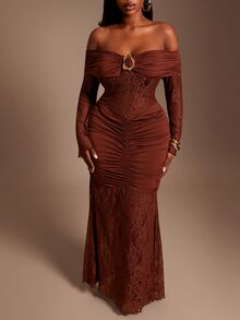 Radiana Plus Size Brown Mermaid Maxi Dress With Off Shoulder Knitted Fabric And Sheer Details - Brown - View 3