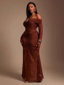 Radiana Plus Size Brown Mermaid Maxi Dress With Off Shoulder Knitted Fabric And Sheer Details - Brown - View 4