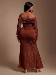 Radiana Plus Size Brown Mermaid Maxi Dress With Off Shoulder Knitted Fabric And Sheer Details - Brown - View 5