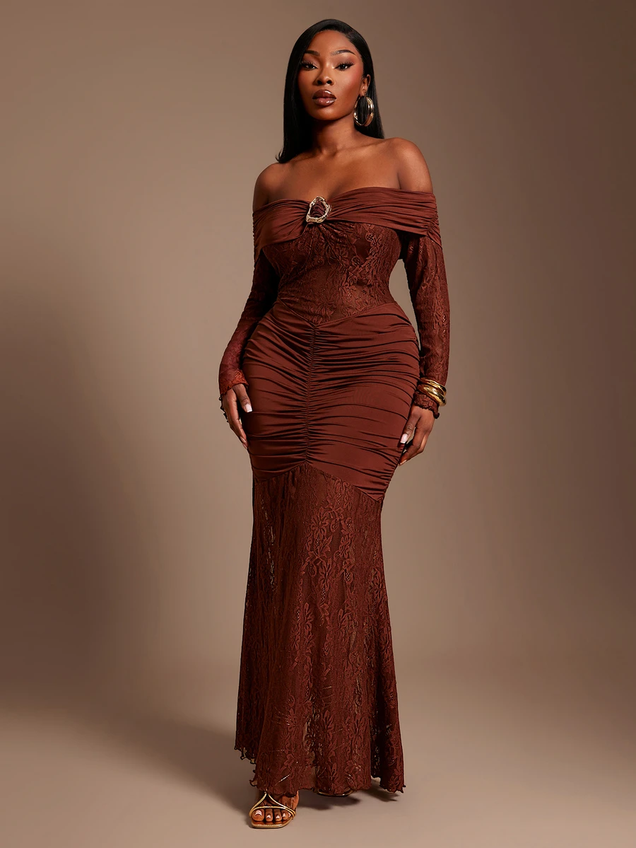 Radiana Plus Size Brown Mermaid Maxi Dress With Off Shoulder Knitted Fabric And Sheer Details - Brown - View 1