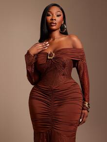 Radiana Plus Size Brown Mermaid Maxi Dress With Off Shoulder Knitted Fabric And Sheer Details - Brown - View 2