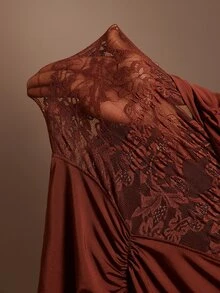 Radiana Plus Size Brown Mermaid Maxi Dress With Off Shoulder Knitted Fabric And Sheer Details - Brown - View 6