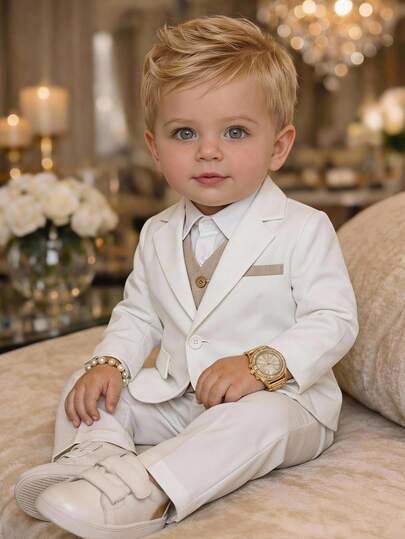 SHEIN Baby Boy, Baby Boy 2pcs Autumn/Winter Elegant Cute White 2 In 1 Gentleman Suit Set, Baby Suits, Suitable For Holidays, Full Moon, First Birthday Celebration, Baby Shower, Wedding