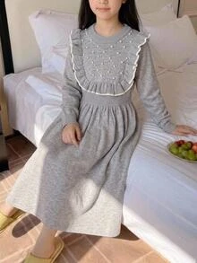 SHEIN 兒童青少年女孩秋冬休閒優雅串珠拼接配色荷葉領長袖A字收腰針織公主洋裝 淺灰色花卉女孩針織洋裝 - 淺灰色 - 查看 9