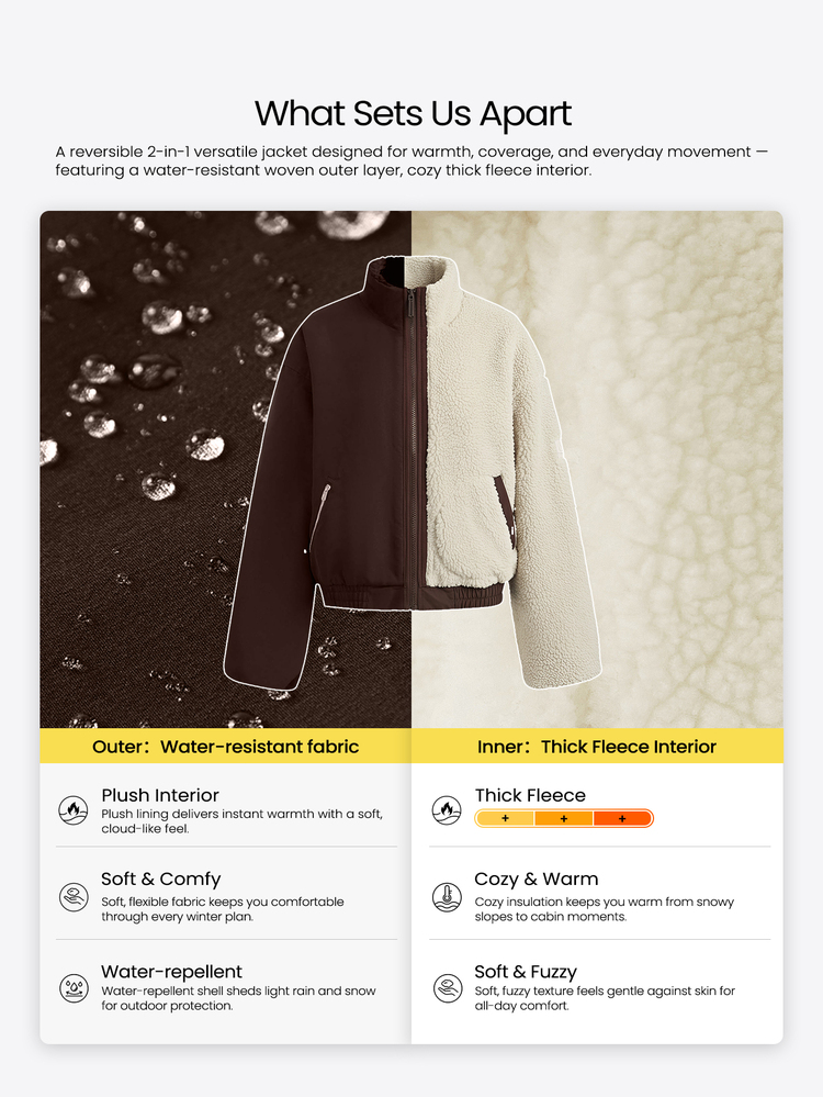 GLOWMODE Double Take Reversible Fleece Jacket With Water-Resistant Woven Side, High Neck & Metallic Zip Daily Casual Outdoor Fall Winter Wear - Brown - View 2
