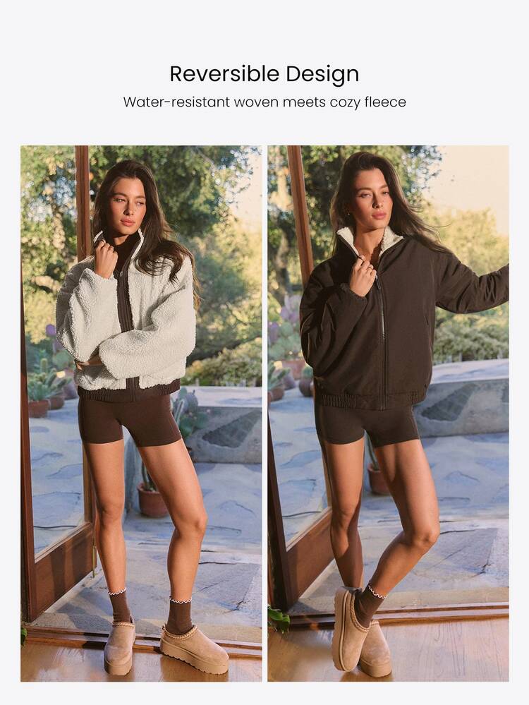 GLOWMODE Double Take Reversible Fleece Jacket With Water-Resistant Woven Side, High Neck & Metallic Zip Daily Casual Outdoor Fall Winter Wear - Brown - View 4