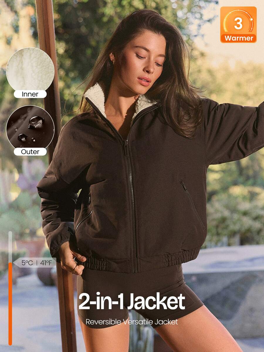 GLOWMODE Double Take Reversible Fleece Jacket With Water-Resistant Woven Side, High Neck & Metallic Zip Daily Casual Outdoor Fall Winter Wear - Brown - View 1