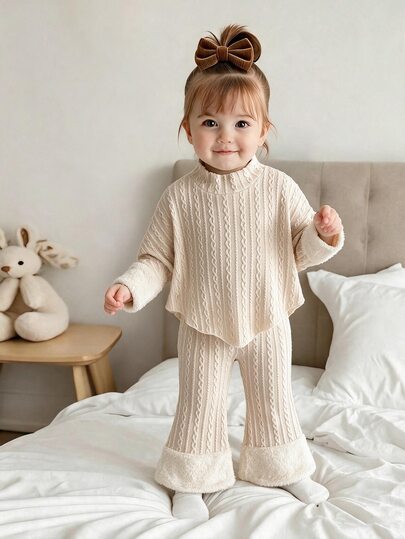 SHEIN Playful Pals 2pcs Toddler Girl Sweater + Flare Pants Sweet Beige Fuzzy Fur Cuffs Cable Long Sleeve Mock Neck Thick Winter Holiday Pull Wedding Solid