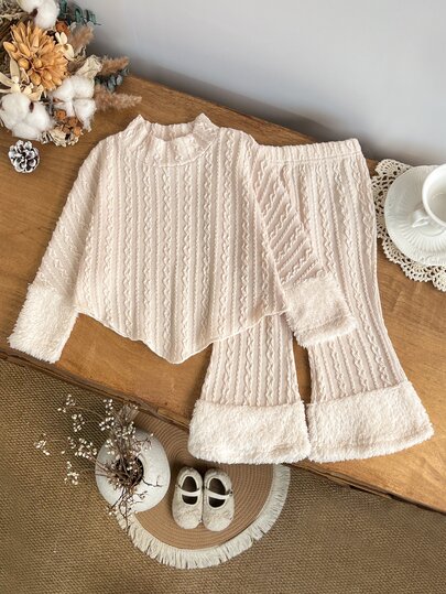 SHEIN Playful Pals 2pcs Toddler Girl Sweater + Flare Pants Sweet Beige Fuzzy Fur Cuffs Cable Long Sleeve Mock Neck Thick Winter Holiday Pull Wedding Solid