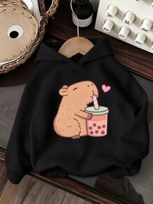 少女 1 件可愛休閒卡通動物珍珠奶茶設計簡單圖案印花基礎黑色連帽衛衣 秋季穿搭 校園 - 黑色 - 查看 1