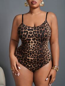 Slaydiva Plus Size Leopard Slim Fit Sleeveless Bodysuit, Summer/Autumn - Multicolor - View 9