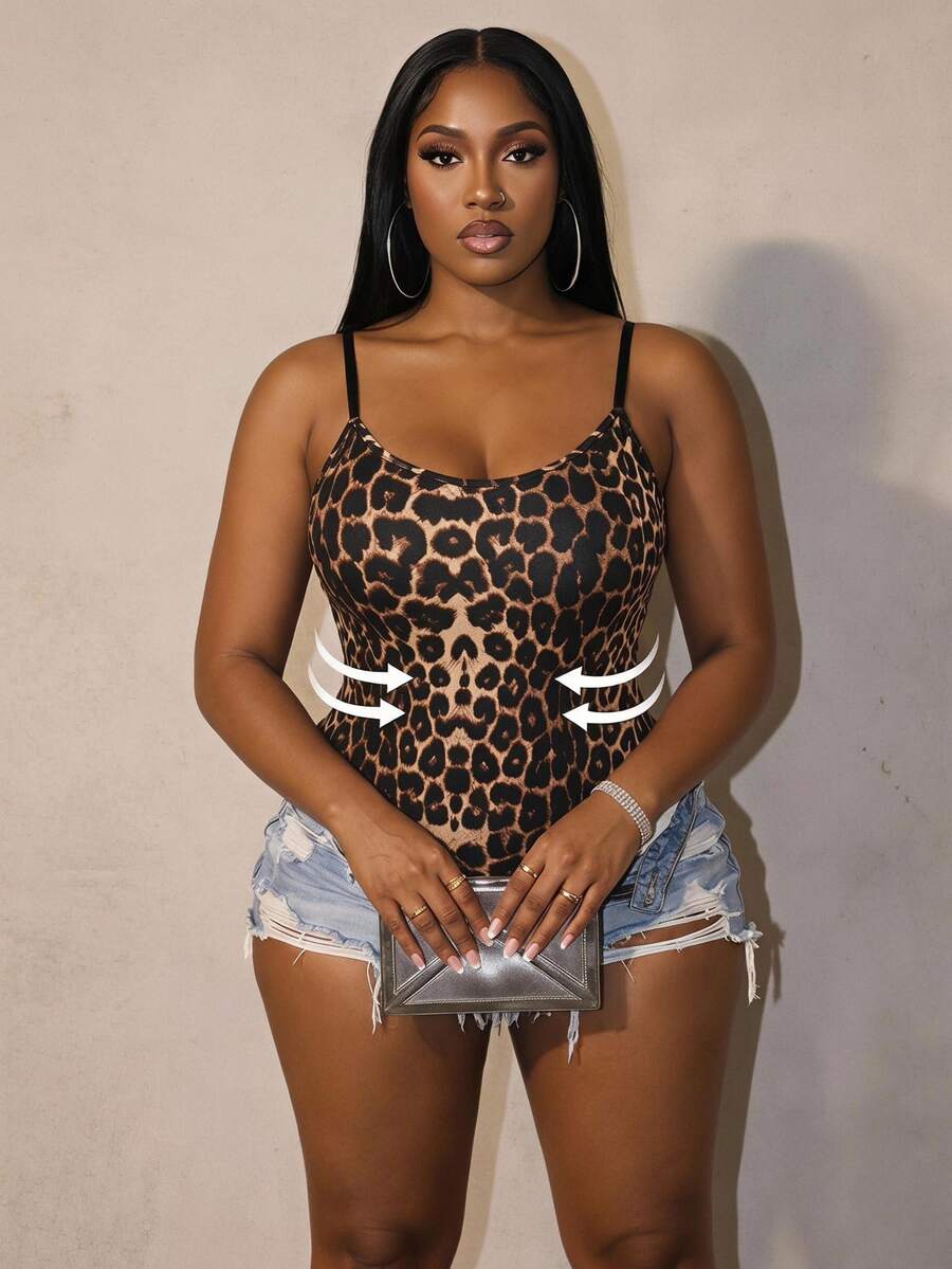 Slaydiva Plus Size Leopard Slim Fit Sleeveless Bodysuit, Summer/Autumn