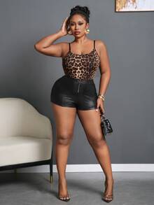 Slaydiva Plus Size Leopard Slim Fit Sleeveless Bodysuit, Summer/Autumn - Multicolor - View 7