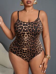 Slaydiva Plus Size Leopard Slim Fit Sleeveless Bodysuit, Summer/Autumn - Multicolor - View 6