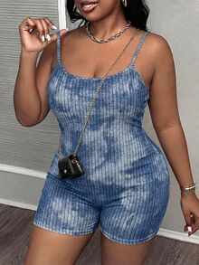 Slaydiva [Denim Effect] Casual Blue Tie-Dye Print Romper For Plus Size Women, Suitable For Summer, Y2K, Streetwear, Music Festivals - Multicolor - View 5