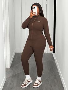 Slaydiva 秋季新品，适合生日派对、校园风、学生装、日常出行、百搭基础款、休闲风、度假、邮轮旅行、海滩、日光浴、时尚街头风，罗纹修身长袖前拉链连体裤，大码 - 棕色 - 查看 5