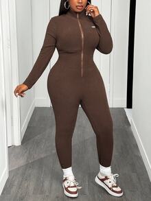 Slaydiva 秋季新品，适合生日派对、校园风、学生装、日常出行、百搭基础款、休闲风、度假、邮轮旅行、海滩、日光浴、时尚街头风，罗纹修身长袖前拉链连体裤，大码 - 棕色 - 查看 3