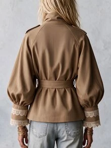 LUMIGAL Winter Women's Raglan Long Sleeve Contrast Lace Cuff Stand Collar Casual Jacket - Khaki - View 2