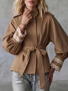 LUMIGAL Winter Women's Raglan Long Sleeve Contrast Lace Cuff Stand Collar Casual Jacket - Khaki - View 6