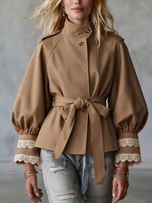 LUMIGAL Winter Women's Raglan Long Sleeve Contrast Lace Cuff Stand Collar Casual Jacket - Khaki - View 1