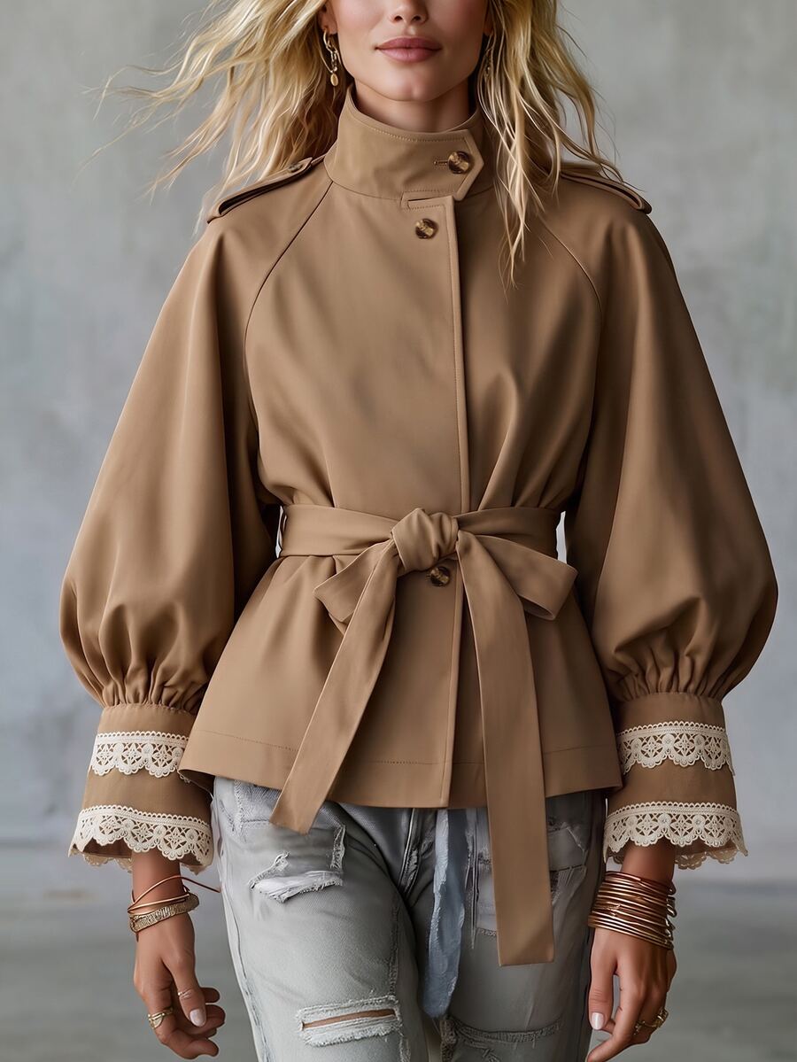 LUMIGAL Winter Women's Raglan Long Sleeve Contrast Lace Cuff Stand Collar Casual Jacket - Khaki - View 1