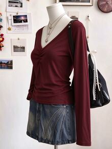 IslaSuriya Women's Solid Color Pleated V-Neck Long Sleeve Casual Top - Multicolor - View 4