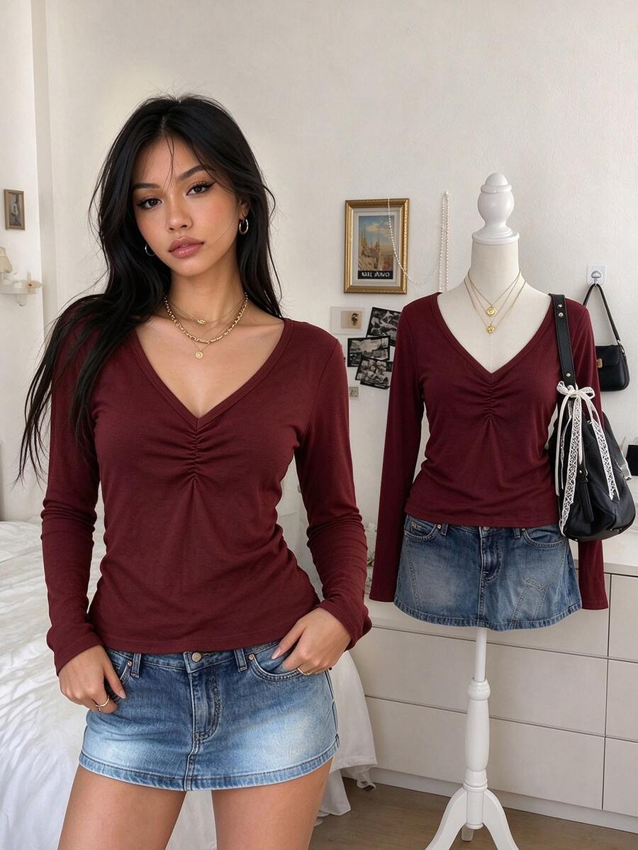 IslaSuriya Women's Solid Color Pleated V-Neck Long Sleeve Casual Top - Multicolor - View 1
