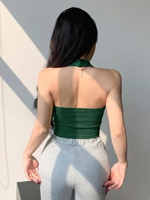DAZY Summer & Spring Fashion Green Padded Music Festival Sexy Cropped Spaghetti Strap Backless Camisole Tank Top For Women Halter Top Going Out Tops - Dark Green - View 7