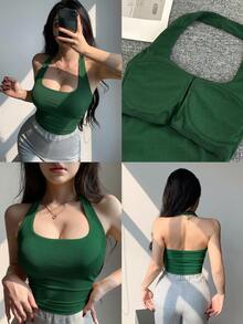DAZY Summer & Spring Fashion Green Padded Music Festival Sexy Cropped Spaghetti Strap Backless Camisole Tank Top For Women Halter Top Going Out Tops - Dark Green - View 1