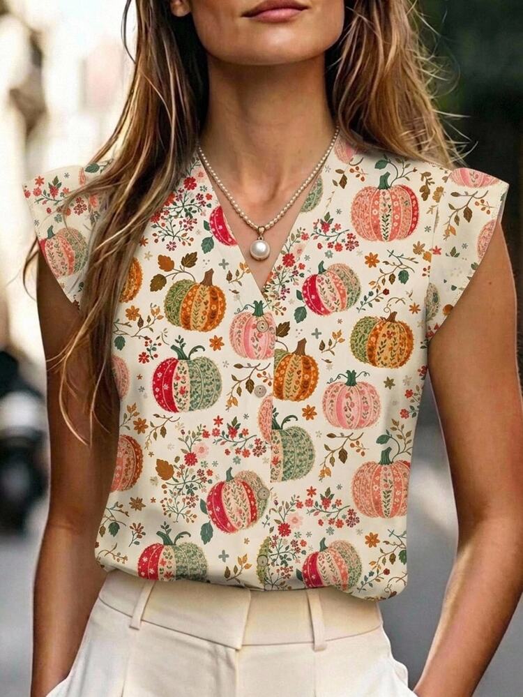 EMERY ROSE Women's Casual Minimalist Halloween Pumpkin & Maple Leaf V-Neck Blouse - Multicolor - View 1
