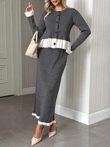 SHEIN Contrast Trim Rib Knit Shinnig Detail Cardigan Midi Skirt Elegant French Set Office Brunch Grey Autumn - Grey - View 7