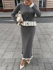 SHEIN Contrast Trim Rib Knit Shinnig Detail Cardigan Midi Skirt Elegant French Set Office Brunch Grey Autumn - Grey - View 1