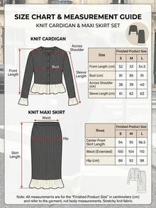 SHEIN Contrast Trim Rib Knit Shinnig Detail Cardigan Midi Skirt Elegant French Set Office Brunch Grey Autumn - Grey - View 8