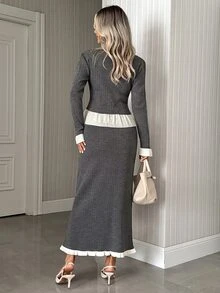 SHEIN Contrast Trim Rib Knit Shinnig Detail Cardigan Midi Skirt Elegant French Set Office Brunch Grey Autumn - Grey - View 2