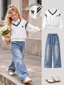 SHEIN Tween Girls Sweatshirt Set, White, Hoodie + Joggers 2 Pieces Set, Loose Fit, Warm For Autumn/Winter, Fashionable Versatile, Autumn, Casual, Collar, Round Neck, Autumn, Printed, Letter Print, Bow, Fleece - White - View 3
