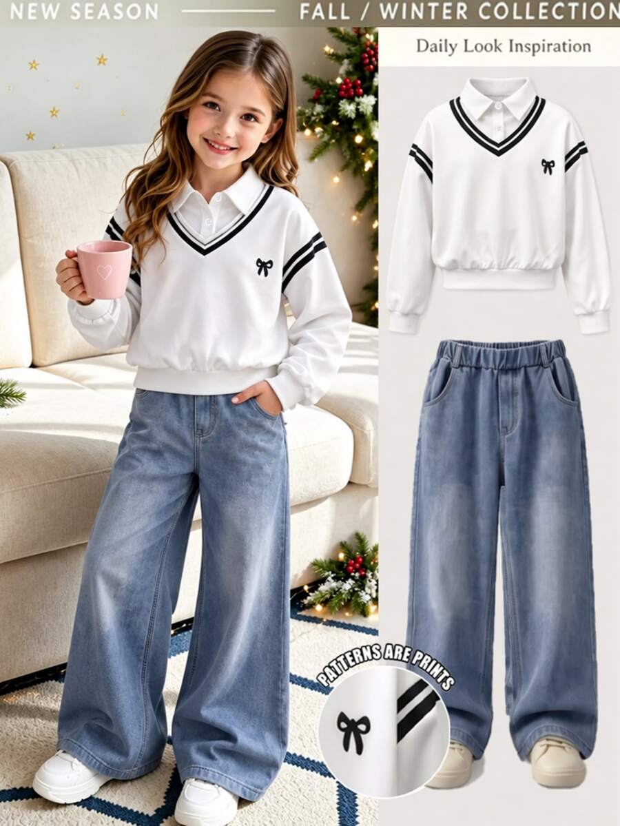 SHEIN Tween Girls Sweatshirt Set, White, Hoodie + Joggers 2 Pieces Set, Loose Fit, Warm For Autumn/Winter, Fashionable Versatile, Autumn, Casual, Collar, Round Neck, Autumn, Printed, Letter Print, Bow, Fleece - White - View 1