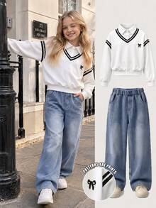 SHEIN Tween Girls Sweatshirt Set, White, Hoodie + Joggers 2 Pieces Set, Loose Fit, Warm For Autumn/Winter, Fashionable Versatile, Autumn, Casual, Collar, Round Neck, Autumn, Printed, Letter Print, Bow, Fleece - White - View 4