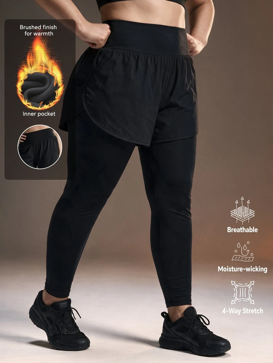 Powerista Women's Plus Size 2 In 1 Athletic Active Tropical Leggings Workouts And Casual Wear Going Out Daily Wear Gym Fitness Running Black Summer - Black - View 1