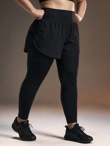 Powerista Women's Plus Size 2 In 1 Athletic Active Tropical Leggings Workouts And Casual Wear Going Out Daily Wear Gym Fitness Running Black Summer - Black - View 5
