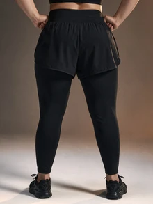 Powerista Women's Plus Size 2 In 1 Athletic Active Tropical Leggings Workouts And Casual Wear Going Out Daily Wear Gym Fitness Running Black Summer - Black - View 6